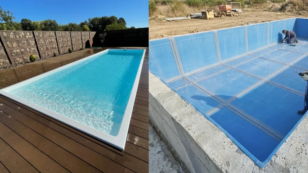 Сравнение композитного и пластикового бассейнов — готовая чаша и полипропилен в процессе монтажа
